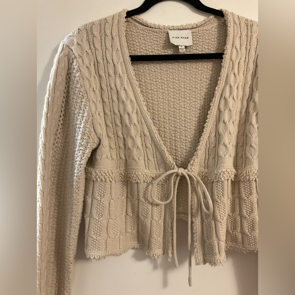 Pink Rose Cream Cable Knit Cardigan - Picture 4 of 6
